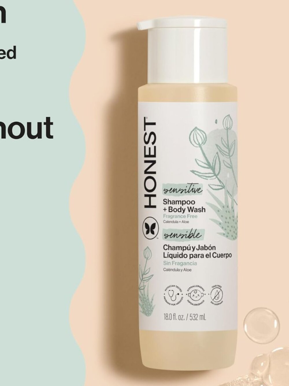 The Honest Company 2-in-1 Baby Shampoo & Body Wash Fragrance-Free, Gentle, Tea